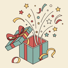 Gift box exploding with confetti and stars, excitement visual