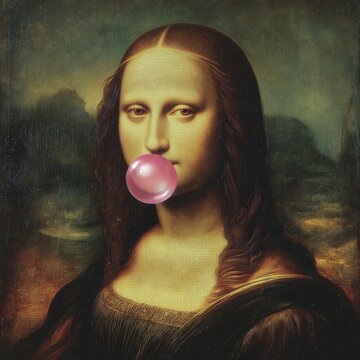 Mona lisa blowing bubble gum in famous painting parody