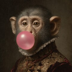 Monkey nobleman blowing bubble gum in renaissance style portrait