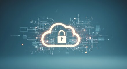 Cloud security concept with digital lock and circuit connections on blue background
