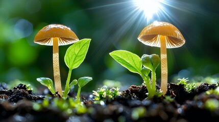 Mushrooms and Sprouts Growing with Sunlight in Nature