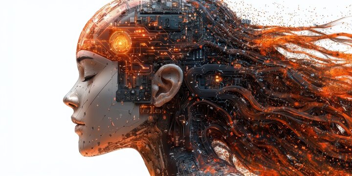 Android Woman Head with Electronic Circuitry and Glowing Orange Energy Forming Flowing Hair Against a White Background