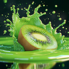 A green kiwi fruit slice drops into clear water with a juicy splash, showcasing its fresh and healthy nature