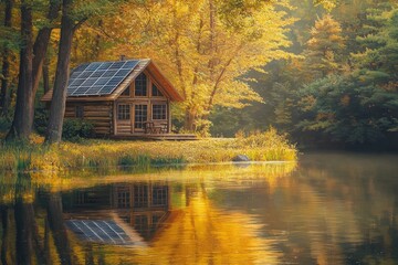 Rustic cabin nestled by a tranquil autumn lake.