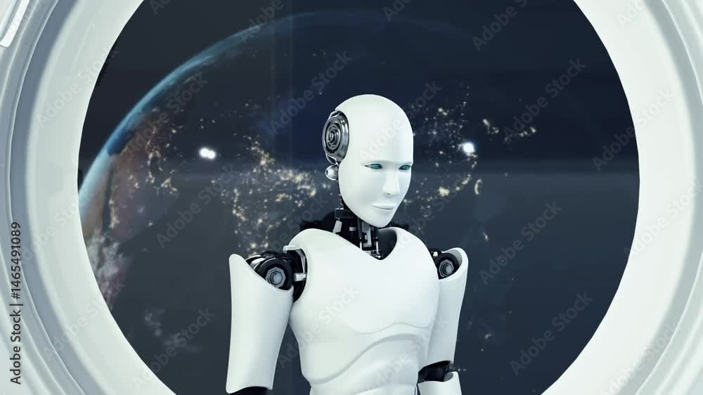 Poster futuristic robot, artificial intelligence cgi inside spaceship in space universe overlooking planet 
