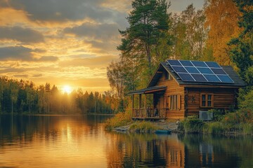 Fototapeta premium Wooden cabin by a lake at sunset with solar panels.