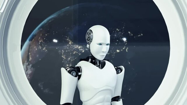 Futuristic robot, artificial intelligence CGI inside spaceship in space universe overlooking planet earth outside the space shuttle window . Robotic man 3D render animation .
