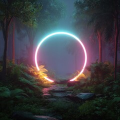 Glowing neon circle illuminating tropical forest path at night