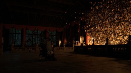 Interior with ornate balustrades and scattered birds or bats on walls and floor