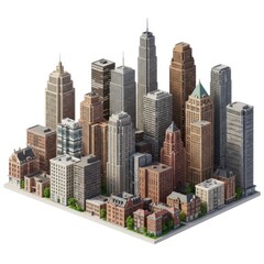 Cityscape miniature model architecture on white background