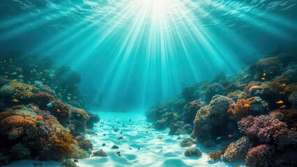 Fototapeta premium Underwater world with beautiful corals, reefs, azure water in the sun. Relax background.