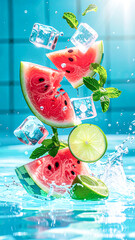 Vertical composition of watermelon and lime slices, mint leaves and ice cubes splashing into crystal clear water on a turquoise background of a swimming pool with sun flare and frozen drops in the air