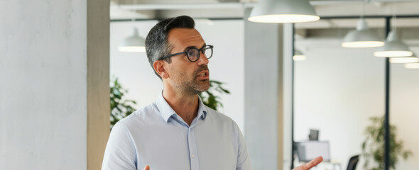 Fototapeta premium Young caucasian male in office environment discussing business