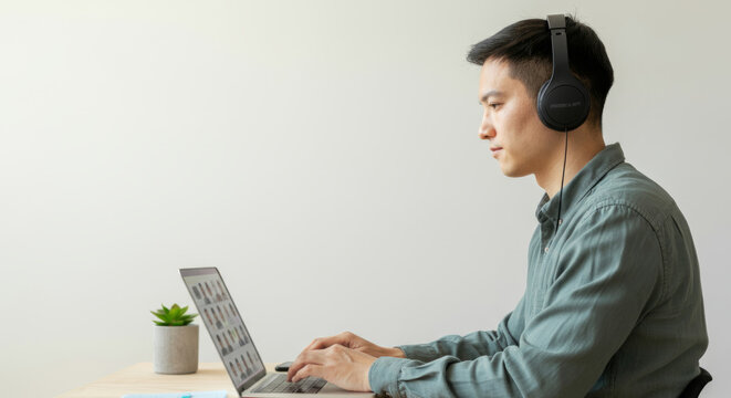 Asian male adult wearing headphones working on laptop at desk with plant