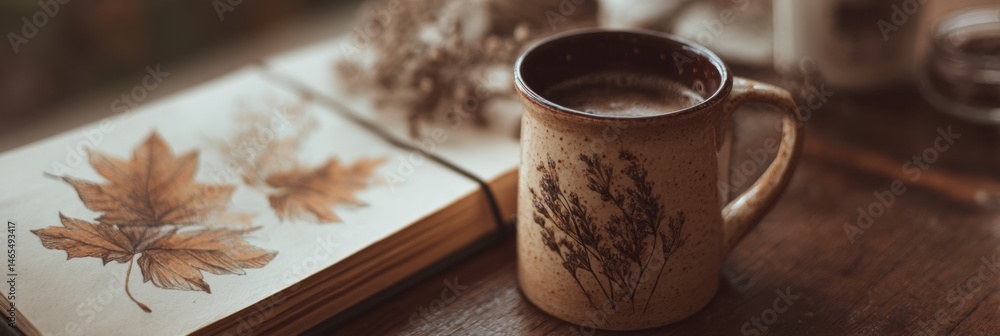 Aufkleber warm mug resting beside vintage notebook featuring detailed falling leaf sketch in cozy indoor setti