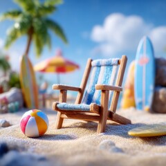 Fototapeta premium Dreamy Beach Vacation: Deck Chair, Surfboards, and a Colorful Beach Ball on Soft Sand with Blue Sky