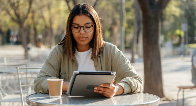 Young hispanic female using tablet in outdoor cafe with coffee on table