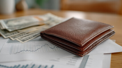 Leather wallet with cash on financial charts and data sheets.