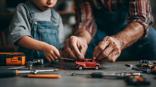 Generations Building Memories: Grandfather and Grandson Crafting a Toy Car