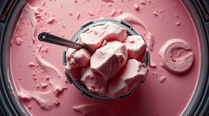 Overhead bird’s eye view of ice cream in a futuristic sci-fi style, surreal infrared tones, otherworldly appearance, advanced technology, space elements.jpg