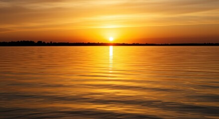 Obraz premium Golden sunset over calm rippling water and dark horizon. Reflective landscape view of tranquil beautiful lake at sundown moment, nature background.