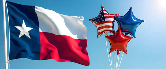 Texas State Flag with Balloons: A vibrant Texas state flag waves proudly against a clear blue sky, adorned with three colorful balloons in the shape of stars.