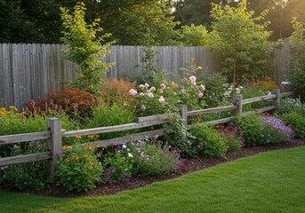 Backyard flower garden on a sunny summer day with a rustic split rail fence in front of mature trees and a wooden privacy fence.
