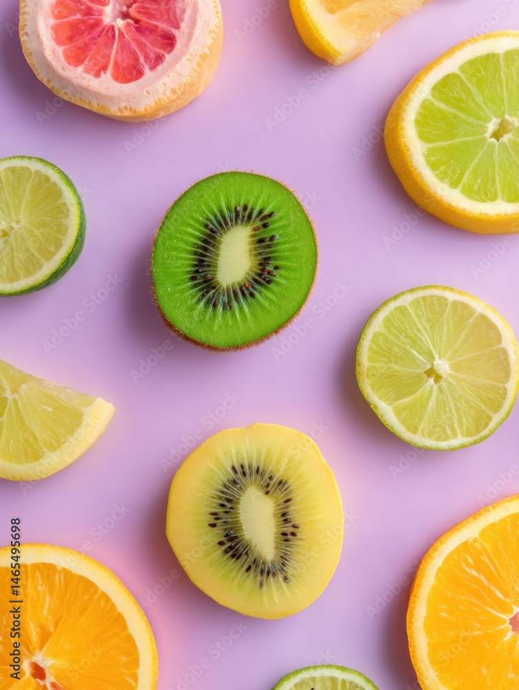 Poster brightly colored sliced tropical fruits arranged on a soft pastel background create a vibrant visual