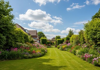 Beautiful cultivated garden with lush green grass and vibrant flowers in bloom on a sunny day, a serene and tranquil outdoor scene for landscaping or real estate concept