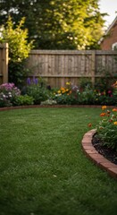 Obraz premium backyard garden with green grass and beautiful flowers blooming along a curved brick border. Lush lawn and floral landscaping for home and garden concept.
