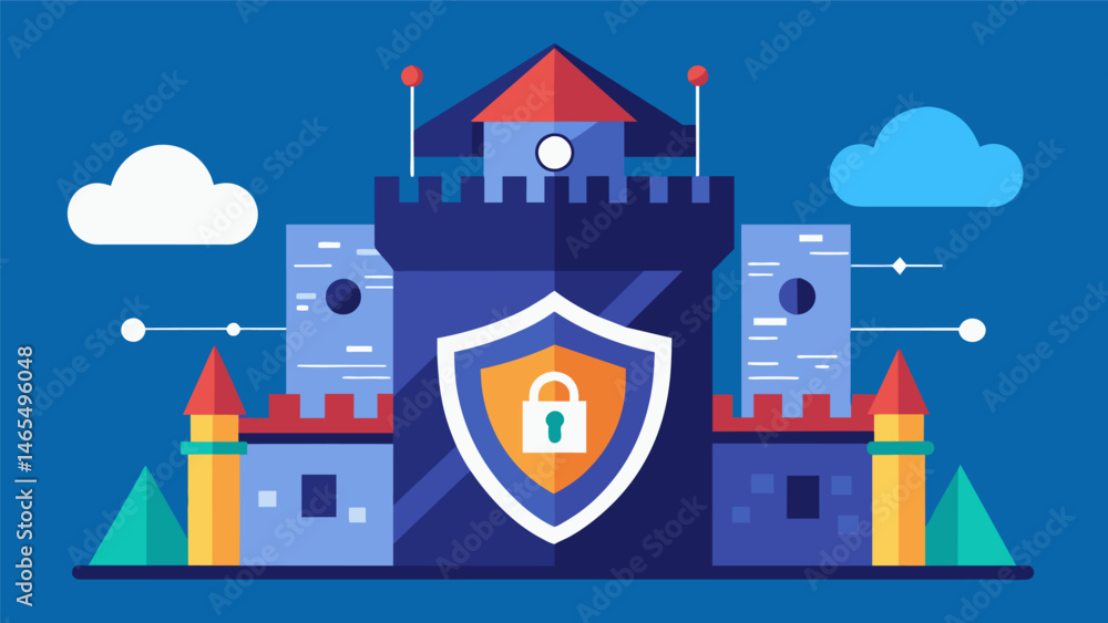Poster a fortified defense system that shields confidential information from malicious hackers.. vector ill