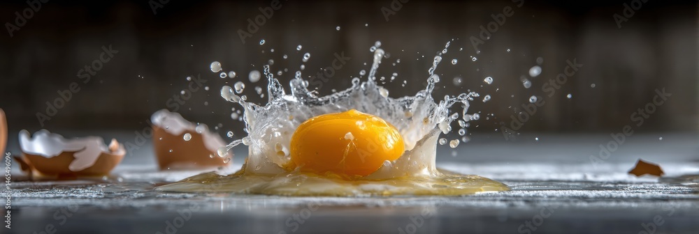 Poster yolk splash frozen in motion with broken shell captured in a kitchen setting during natural light ge