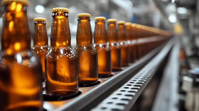Amber beer bottles on conveyor belt, brewery production line