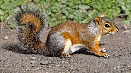 Fototapeta premium Adorable Fluffy Squirrel Ground Closeup Photo