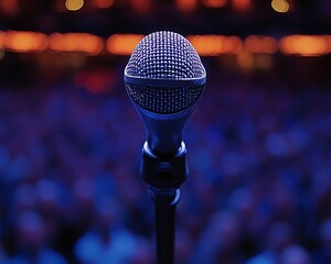 Close-up microphone at center stage with blurred audience.