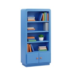 Blue bookcase with books and plant on white background