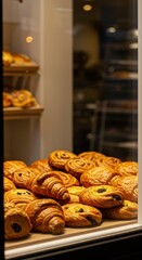 Freshly baked pastries displayed in a storefront window. Delicious croissants, raisin danish, and pain au chocolat for bakers, restaurants, and food bloggers.