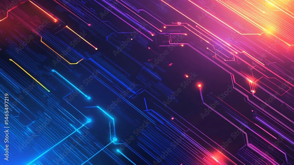 Poster Futuristic circuit board glowing with data transferring and processing