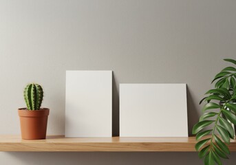 Two blank canvas mockup on gray background with plants for art presentation, poster display, and creative promotion