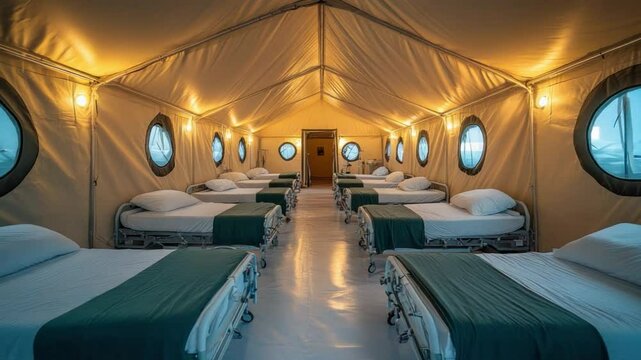Luxury Tent Interior: An interior shot of a well-appointed glamping tent reveals a row of comfortable beds, creating an inviting atmosphere that offers a unique accommodation experience.