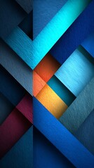 Angular mosaic shows vibrant orange against shades of blue and turquoise, creating a textural interplay