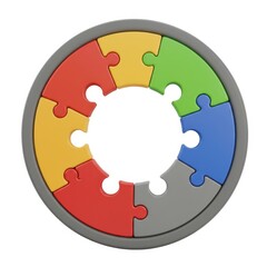Colorful puzzle pieces in circle shape on white background
