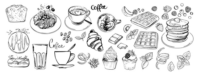 Coffee cups and pastries, buns, breakfast.. Black ink drawing on a white background.	