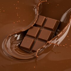 Chocolate bar falling in liquid isolated on white background