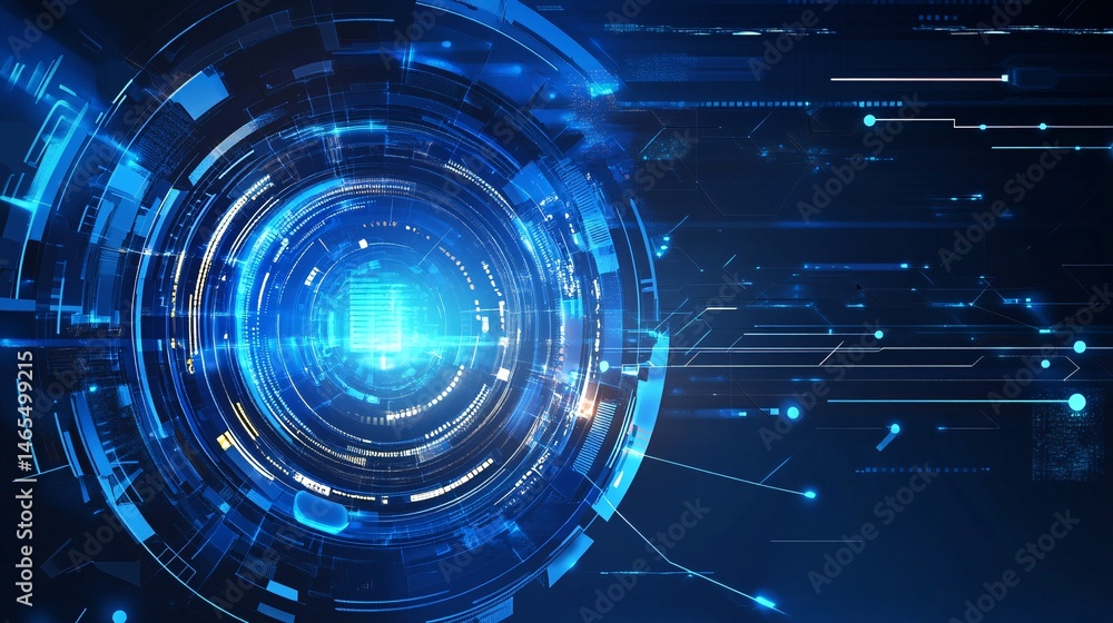 Poster Futuristic technological interface showing rotating energy flowing through digital cyberspace