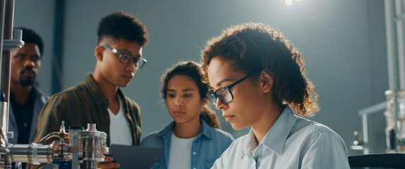Focused young researchers collaborating on engineering project in lab setting