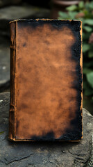 Aged leather-bound book with burnt edges