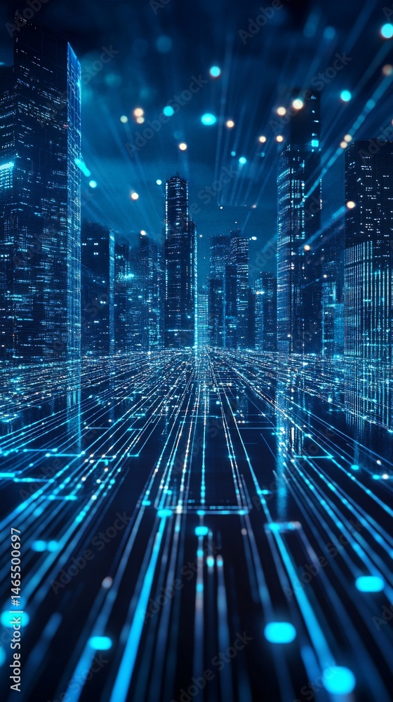 Aufkleber futuristic smart city connecting through digital data flowing across buildings