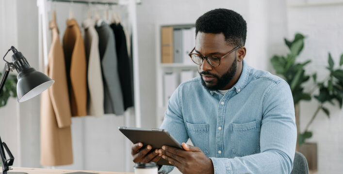 African adult male business professional using tablet in office setting