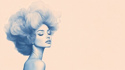 Elegant portrait of a woman with voluminous hair in soft monochrome artistic style